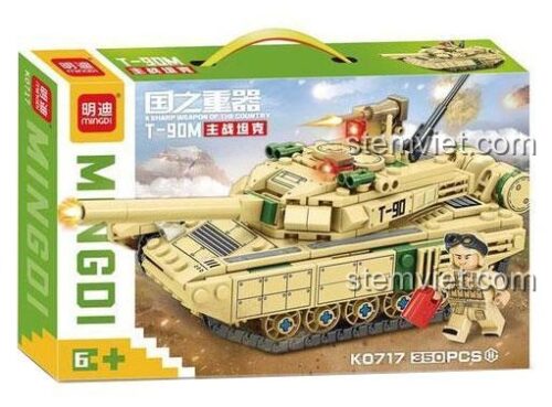 Hộp đồ chơi mô hình xe tăng T-90M MINGDI K0717 với 350 chi tiết, món quà tặng ý nghĩa cho bé trai yêu thích chủ đề quân đội.