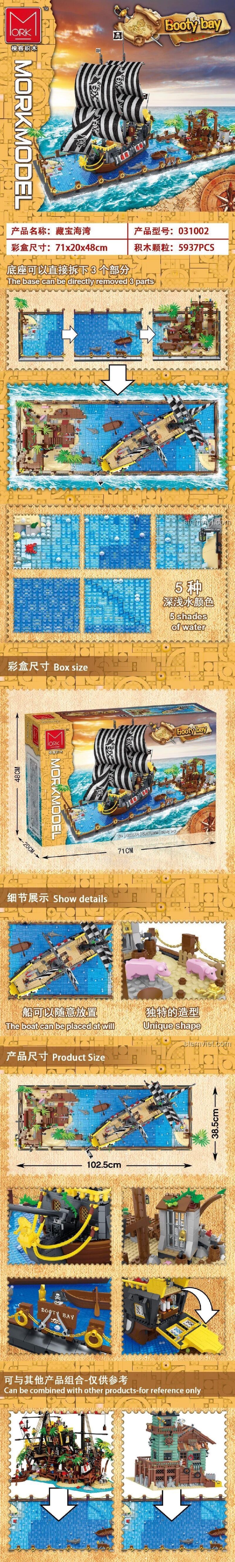 Chi tiết sản phẩm đồ chơi mô hình Tàu cướp biển Black Seas Barracuda 031002, bao gồm kích thước và số lượng mảnh ghép.