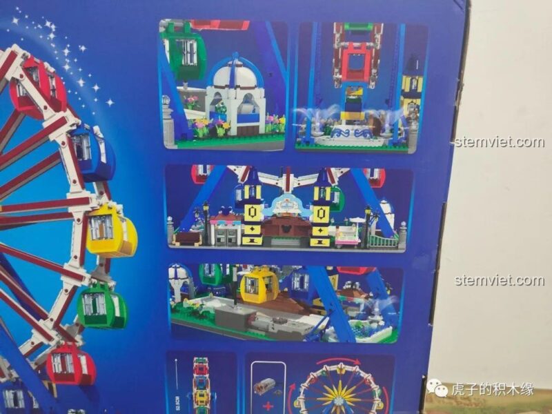 Chi tiết mặt sau hộp Mould King 11006 Vòng Quay Khổng Lồ, tập trung vào các cảnh quan nhỏ và cấu trúc của mô hình, đồ chơi mô hình 006.