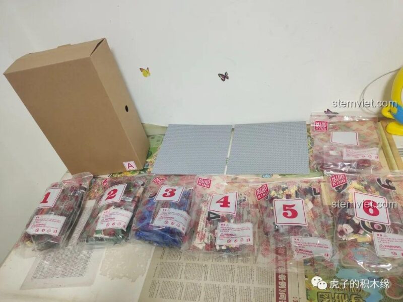 Các túi mảnh ghép được đánh số và hộp đựng của bộ đồ chơi Vòng Quay Khổng Lồ 11006, chuẩn bị cho quá trình lắp ráp, đồ chơi lắp ghép Mould King.