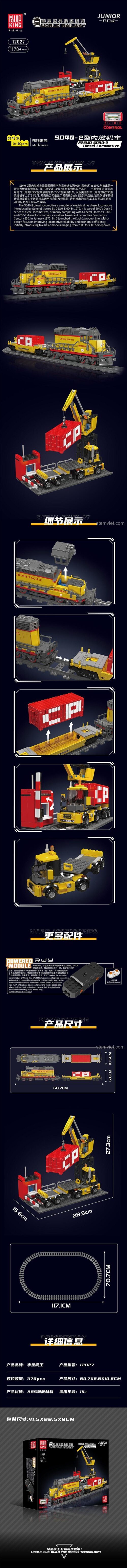 Thông số kỹ thuật đồ chơi mô hình Mould King 12027S Đầu Máy Diesel EMD SD40-2, hiển thị kích thước mô hình 60.7x6.6x10.6cm và kích thước hộp, bộ xếp hình chất lượng cao cho thanh niên.