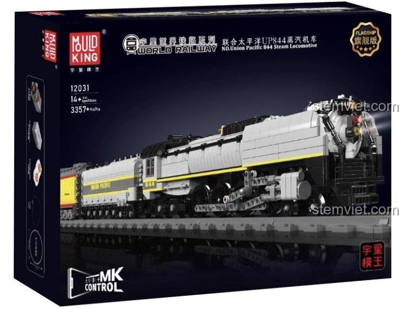 Hộp đồ chơi lắp ráp Mould King 12031 tàu hơi nước Union Pacific 844 với 3357 chi tiết, chất lượng tốt, là món quà tiết kiệm cho bé trai 14 tuổi yêu thích mô hình tàu hỏa.