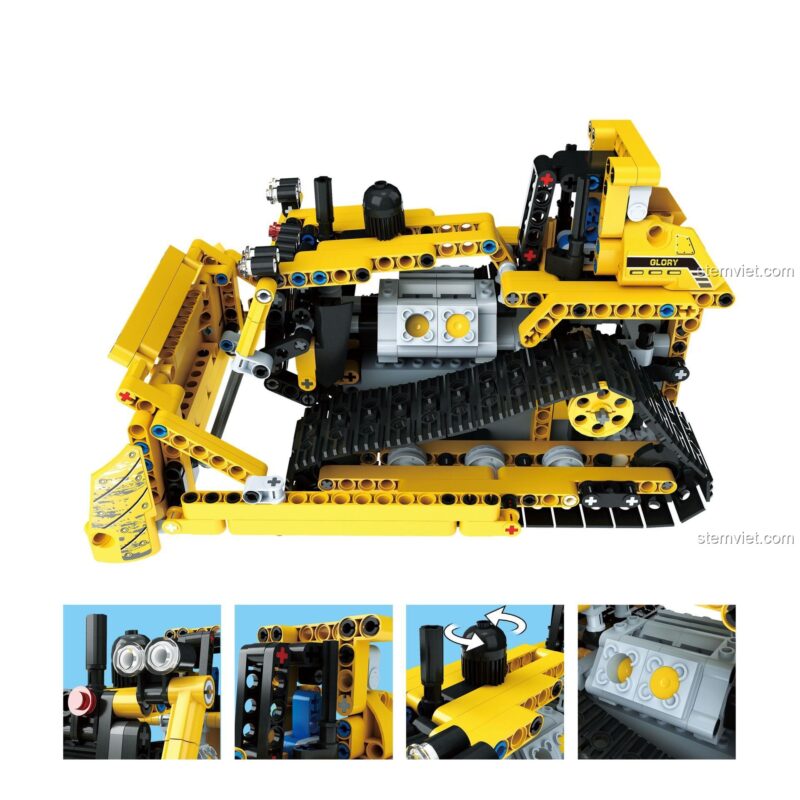 Các chi tiết của đồ chơi mô hình xe ủi Mould King 13015, bao gồm cabin, động cơ và lưỡi ủi.