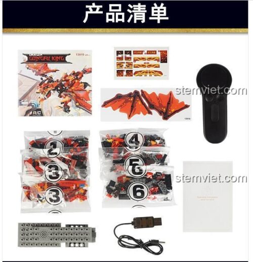 Toàn bộ chi tiết bên trong hộp đồ chơi mô hình Mould King 13019, bao gồm các túi mảnh ghép, bộ điều khiển, động cơ và sách hướng dẫn.