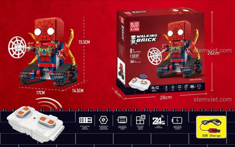 Kích thước chi tiết của mô hình và hộp đồ chơi mô hình Robot Spider-Man điều khiển từ xa 13039.