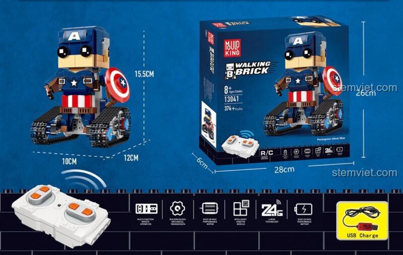 Kích thước chi tiết của bộ đồ chơi Captain America BrickHeadz 13041 và hộp, món quà giá tốt cho bé trai.