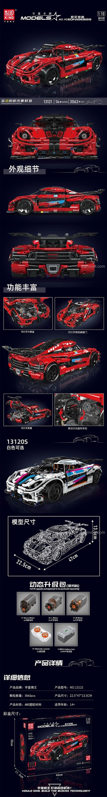 Các tính năng nổi bật của đồ chơi mô hình Mould King 13121 Koenigsegg One:1, bao gồm cửa cắt kéo, động cơ chi tiết.