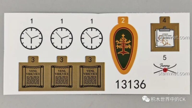 Tấm decal sticker cho các chi tiết nhỏ như đồng hồ, bảng hiệu trong bộ Tòa nhà Phố Cổ 16005.