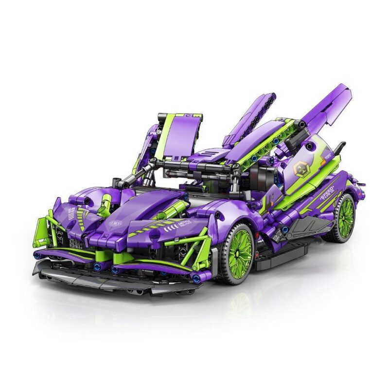 Mô hình siêu xe Technic MOYU BLOCK MY88320A màu tím xanh lá, cửa cánh chim đang mở, phù hợp cho con trai 8 tuổi.