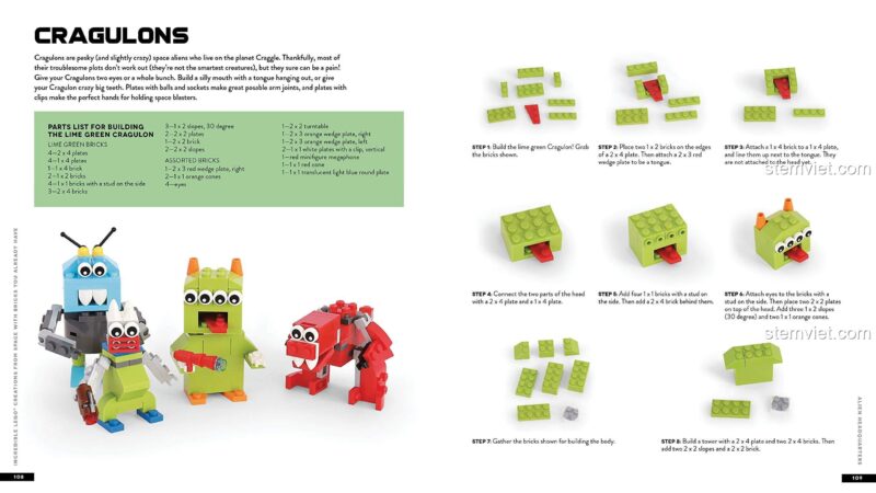 Hướng dẫn lắp ráp người ngoài hành tinh Cragulons từ sách LEGO® không gian Page Street Publishing 1624149108.