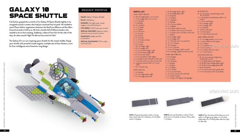 Trang sách của Sarah Dees hướng dẫn lắp ráp tàu vũ trụ Galaxy 10 từ bộ sách LEGO® chủ đề không gian ISBN9781624149108.