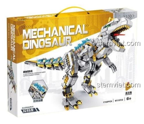 Mô hình Khủng Long Máy Allosaurus Panlos Brick 611015 hoàn chỉnh nhìn từ phía trước, một bộ lắp ráp ấn tượng cho con trai 6 tuổi.