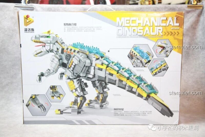 Tính năng đèn LED của bộ lắp ráp Khủng Long Máy Allosaurus được làm nổi bật trên hộp.