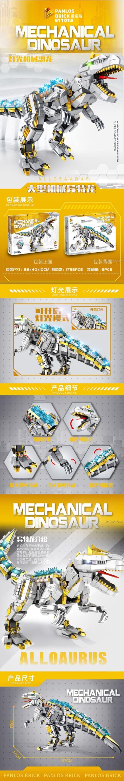 Hộp sản phẩm bộ xếp hình Panlos Brick 611015, hiển thị hình ảnh Khủng Long Máy Allosaurus cơ khí cực ngầu.