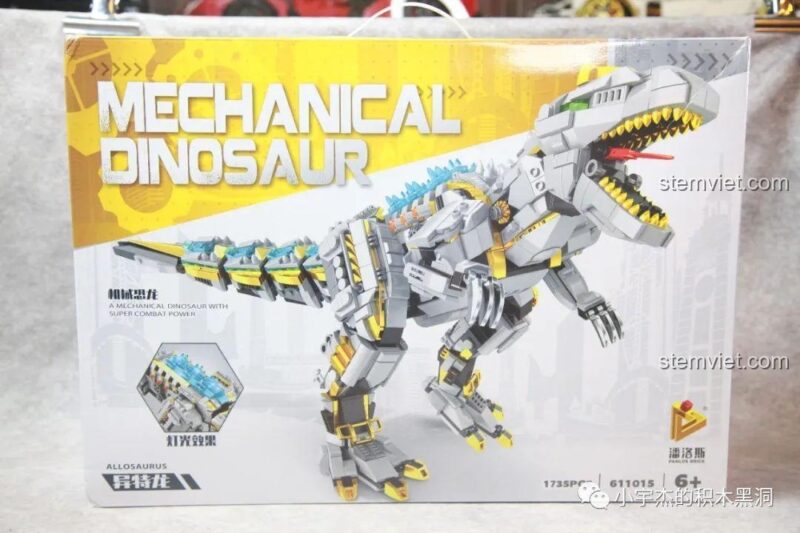 Poster quảng cáo chi tiết bộ lắp ráp Robot Khủng Long Allosaurus Panlos Brick 611015 với các tính năng nổi bật và kích thước.