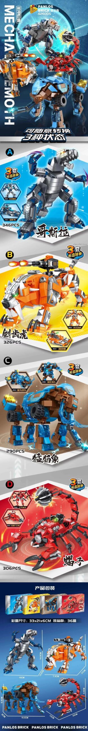 Bộ 4 mô hình quái thú cơ khí biến hình Panlos Brick 626005, bao gồm Godzilla, Hổ răng kiếm, Voi ma mút, Bọ cạp, mỗi mô hình có 3 dạng biến hình độc đáo, đồ chơi giáo dục cho bé trai 6 tuổi.