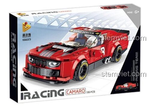 Hộp bộ lắp ráp Panlos Brick 666023 Chevrolet Camaro, thể hiện xe đua màu đỏ đen và số chi tiết 336 mảnh ghép, đồ chơi mô hình cho bé trai.