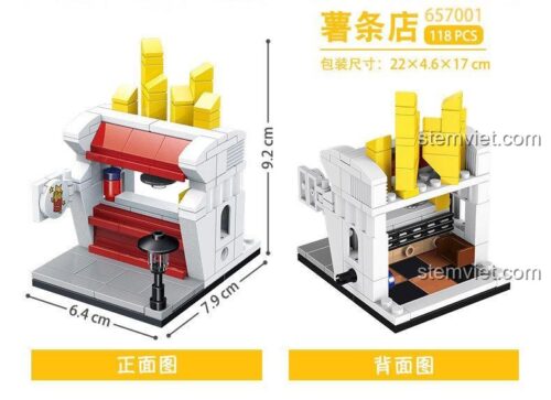 Hộp đồ chơi lắp ráp PanlosBrick 657001 Cửa hàng khoai tây chiên với 118 mảnh ghép, hiển thị kích thước mô hình và hộp, phù hợp cho bé trai và bé gái 6 tuổi trở lên.