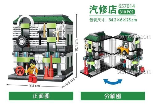 Mô hình cửa hàng ô tô PanlosBrick 657014 thể hiện kích thước và khả năng mở ra, phù hợp cho bé trai 6 tuổi