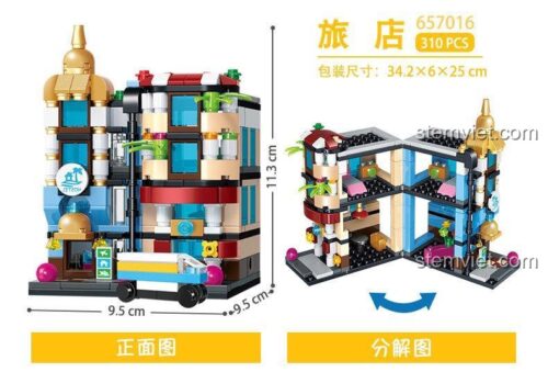 Mô hình Khách sạn PanlosBrick 657016 có thể mở ra, thể hiện kích thước 9.5x9.5x11.3 cm, chi tiết nội thất sống động, phù hợp cho bé 6 tuổi.