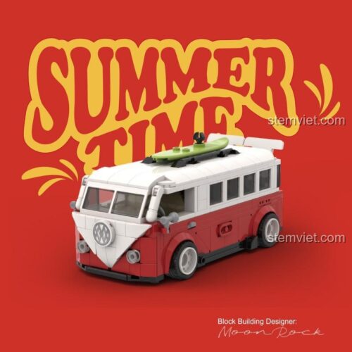 Đồ chơi mô hình Pinbo PB8807 Xe Cắm Trại T1 Thời Gian Hè với dòng chữ "SUMMER TIME" lớn, mô hình xe cắm trại màu đỏ trắng, phù hợp bé trai 12 tuổi
