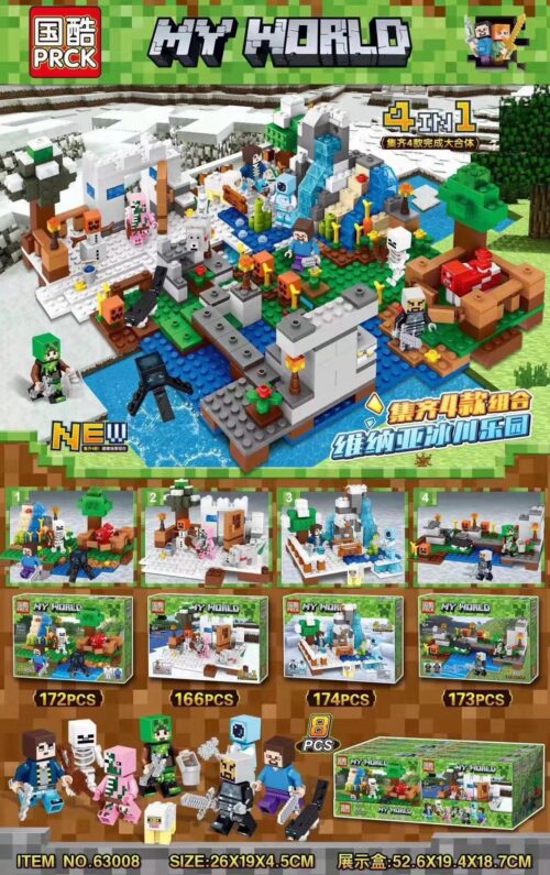 Bộ lắp ghép Công viên băng giá Vinaya PRCK 63008 chủ đề Minecraft, đồ chơi lắp ráp Thế giới Minecraft cho bé trai 6 tuổi, giá tốt, lắp được 4 kiểu