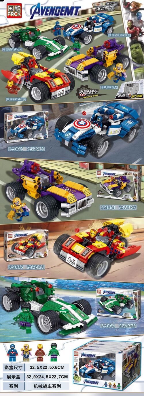 Bộ lắp ráp xe đua siêu anh hùng PRCK 64066 Avengemt với 4 mẫu xe của Iron Man, Captain America, Hulk, Thanos, có động cơ kéo lùi, đồ chơi cho bé trai 6 tuổi giá rẻ.