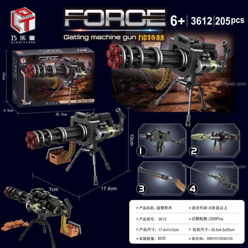 Ảnh kích thước mô hình súng máy Gatling Qiaoleton 3612, đồ chơi lắp ráp 4 kiểu súng khác nhau cho bé trai 6 tuổi.