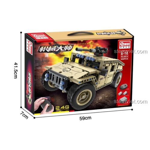 Hộp sản phẩm bộ lắp ráp Xe Hummer vũ trang Qihui 8014, hiển thị rõ mô hình, bộ điều khiển từ xa 2.4G và thông tin 502 chi tiết.