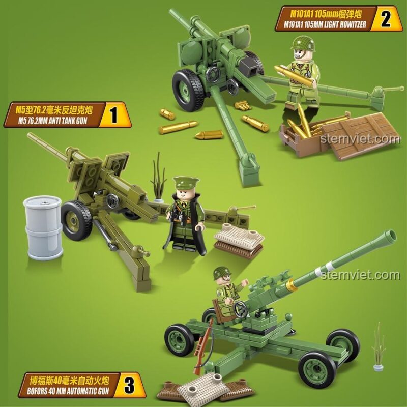 Ảnh chụp cận cảnh 3 trong 6 mẫu của bộ đồ chơi mô hình Vũ khí hạng nặng Mỹ, thể hiện chi tiết sắc nét và màu sắc quân sự đặc trưng.