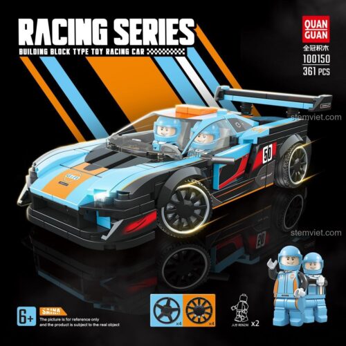Poster quảng cáo bộ xếp hình 100150 của Quan Guan, mô hình xe đua McLaren Senna với 361 chi tiết và 2 minifigures.