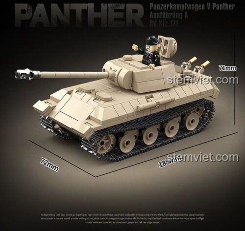 Mô hình Xe Tăng Panther QuanGuan 100245 với kích thước chi tiết 18.8cm dài, 7.2cm rộng, 7.1cm cao, đồ chơi xây dựng cho bé trai
