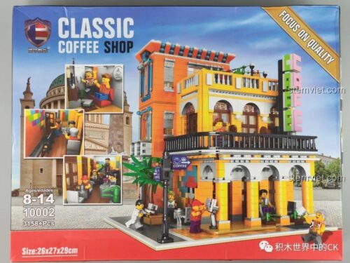 Hộp sản phẩm đồ chơi mô hình RAEL 10002, phiên bản Classic Coffee Shop, với 3158 mảnh ghép, dành cho lứa tuổi 8-14, kích thước 26x27x29cm.