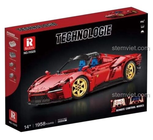 Hộp bộ đồ chơi Reobrix 11025 Ferrari Daytona SP3, thể hiện tính năng điều khiển từ xa, phù hợp cho thanh niên 14 tuổi trở lên.