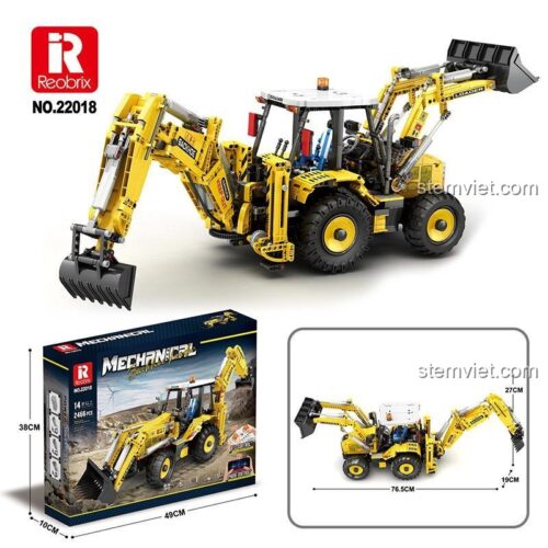 Hộp và kích thước thật của bộ lắp ráp Xe công trình hai đầu Reobrix 22018.