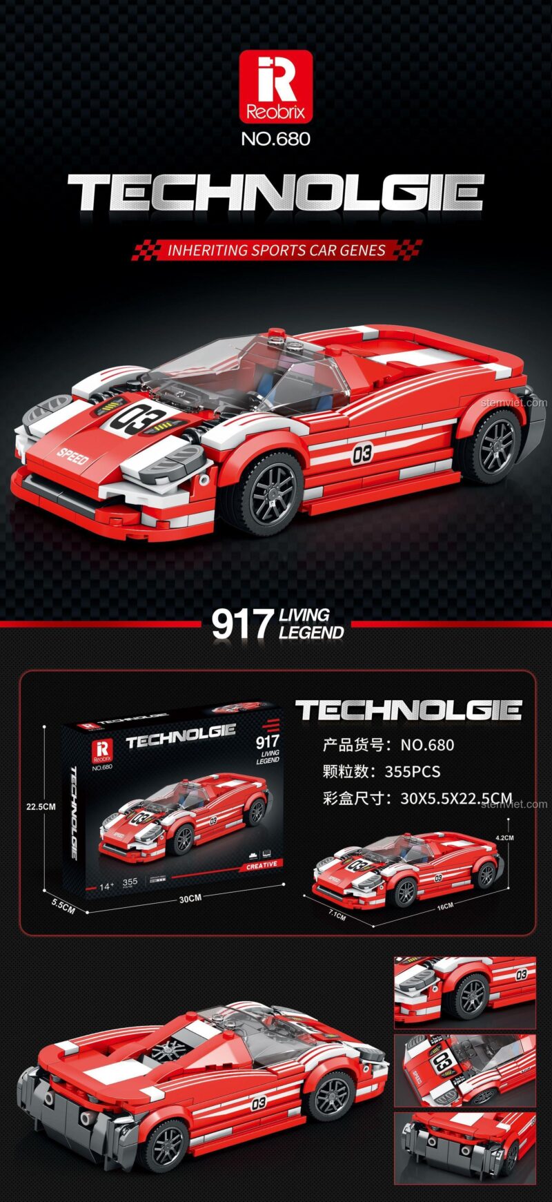 Poster quảng cáo cho bộ lắp ghép Xe Đua Porsche 917, nhấn mạnh các thông số kỹ thuật và kích thước sản phẩm.