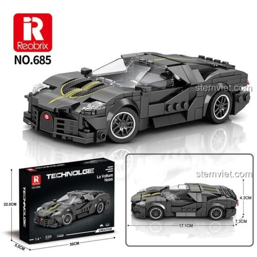 Kích thước hộp và mô hình đồ chơi xếp hình Reobrix 685 Bugatti La Voiture Noire, món quà độc đáo cho thanh niên.