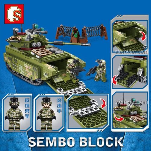Đồ chơi lắp ráp SEMBO 105564, Xe Bọc Thép Lưỡng Cư với các tính năng mở cửa, minifigure lính chống tăng và lính đột kích, phù hợp bé trai 6 tuổi.