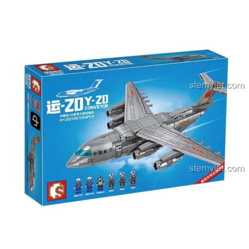 Hộp sản phẩm bộ lắp ghép SEMBO 202130 Máy bay vận tải quân sự Vận-20, đồ chơi lắp ráp 1254 mảnh cho bé trai, thể hiện kích thước và minifigures.