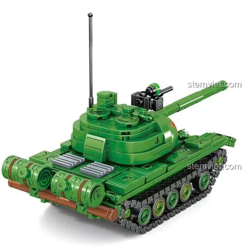 Mô hình Xe tăng hạng trung Type 59 SEMBO 203105 nhìn từ cạnh bên, bánh xích di chuyển mượt mà, đồ chơi lắp ghép chất lượng cao cho bé trai.