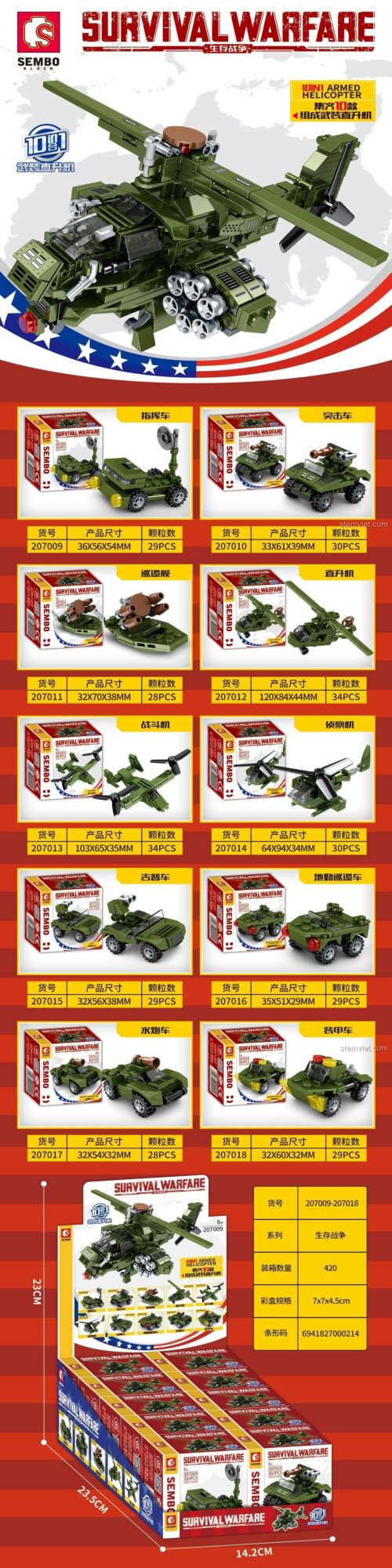 Poster giới thiệu dòng đồ chơi xếp hình Survival Warfare của Sembo, trong đó có bộ Xe Quân Sự Nhỏ 7016.