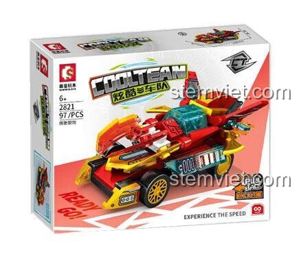 Hình ảnh render 3D chi tiết của đồ chơi mô hình Sembo 2821 Xe Đua Galloping Sharp Sword màu đỏ vàng, một lựa chọn giá rẻ cho bé trai 6 tuổi.