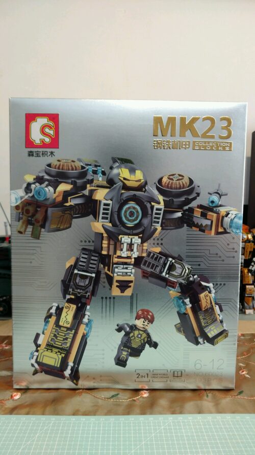 Hộp đồ chơi lắp ráp Sembo 60023 mô hình Robot Người Sắt MK23 màu đen vàng, quà tặng cho bé trai 6 tuổi.