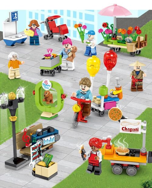 bộ lắp ghép Minifigures thành phố Sembo 601050-5 cho bé 6 tuổi, giá rẻ. Bao gồm 8 nhân vật và các quầy hàng rong, xe đẩy, ghế công viên.