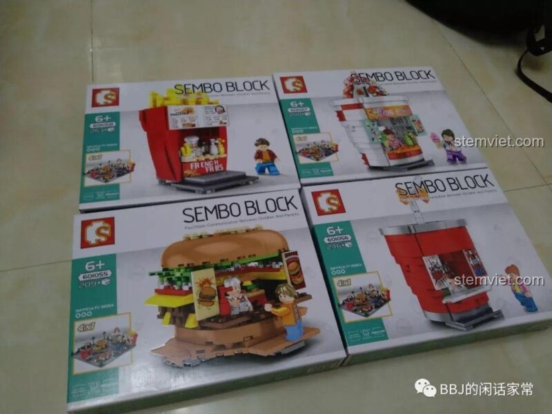 Cả bộ sưu tập phố ẩm thực Sembo bao gồm tiệm hamburger 601055, tiệm khoai tây chiên, tiệm coca và tiệm kem. Đồ chơi mô hình Sembo.