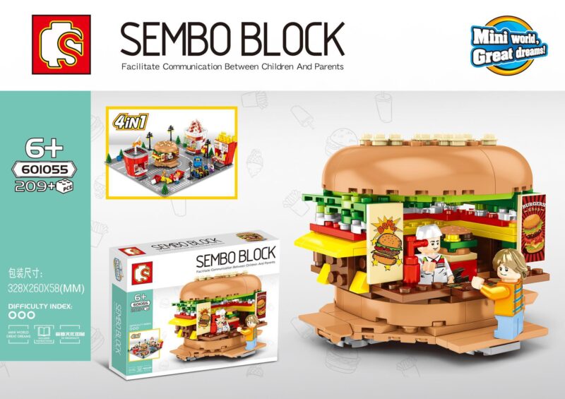 Ảnh chụp chính diện bộ lắp ráp Cửa hàng Hamburger Sembo 601055 với thiết kế hình bánh burger độc đáo, kèm 2 minifigures đầu bếp và khách hàng nhí.