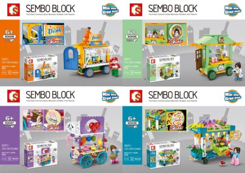 Tổng hợp bộ lắp ráp 4 xe đẩy bán hàng rong mini Sembo 601105-601108, đồ chơi xếp hình cửa hàng đường phố cho bé gái 6 tuổi giá rẻ.