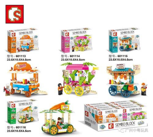 Ảnh tổng hợp bộ lắp ráp 4 xe đẩy bán hàng rong Sembo 601113, đồ chơi mô hình phố ẩm thực mini cho bé gái 6 tuổi.