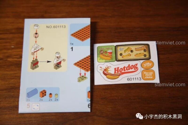 Sách hướng dẫn và miếng dán decal chi tiết cho mô hình xe bán xúc xích Sembo 601113.
