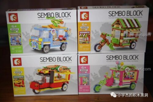 Ảnh chụp 4 hộp của bộ lắp ghép Xe bán hàng rong mini Sembo, một lựa chọn thay thế LEGO® chất lượng.